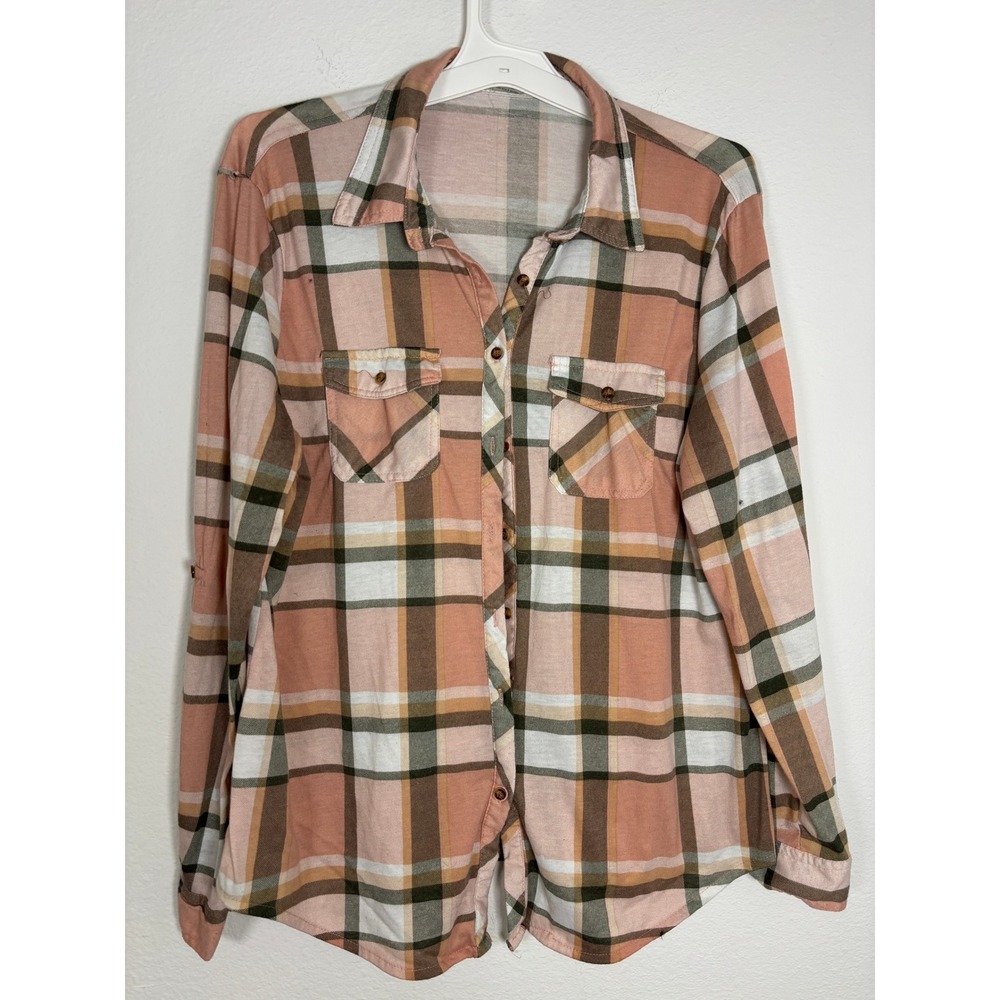 Passport‎ Womens 2X Plaid Button Down Shirt Peach Brown Roll Tab Sleeve Blouse